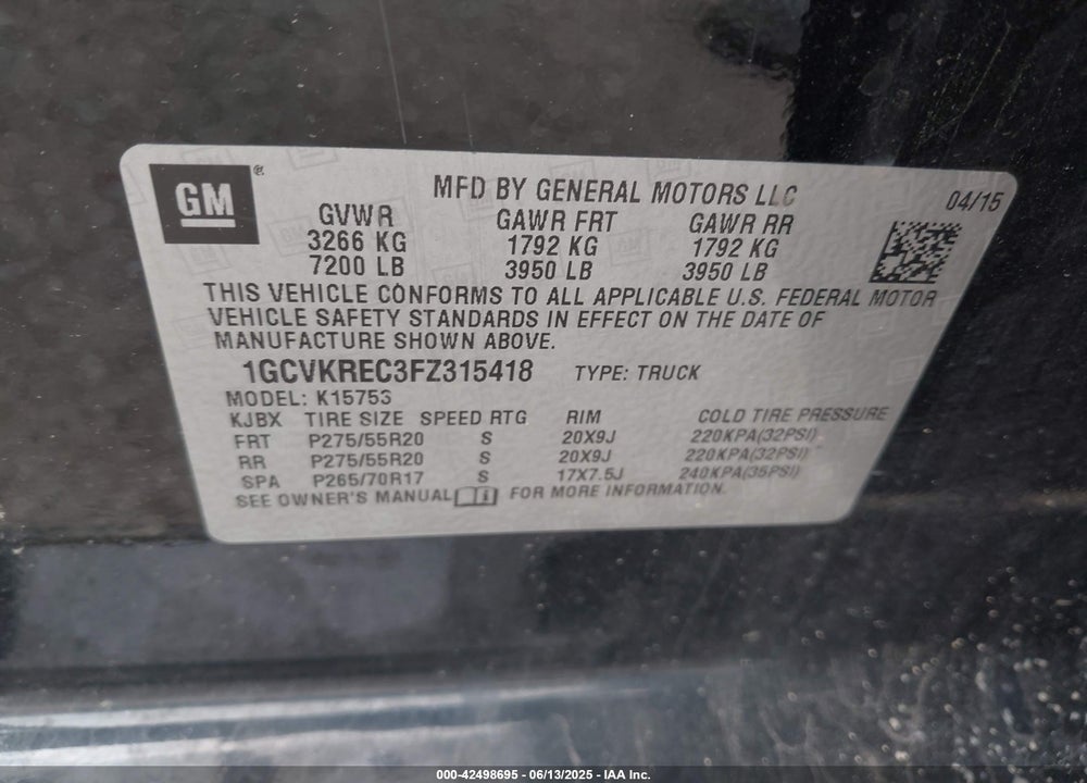 2015 CHEVROLET SILVERADO VIN: 1GCVKREC3FZ315418
