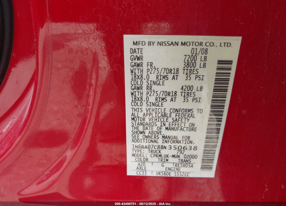 2008 NISSAN TITAN VIN: 1N6BA07C88N350638