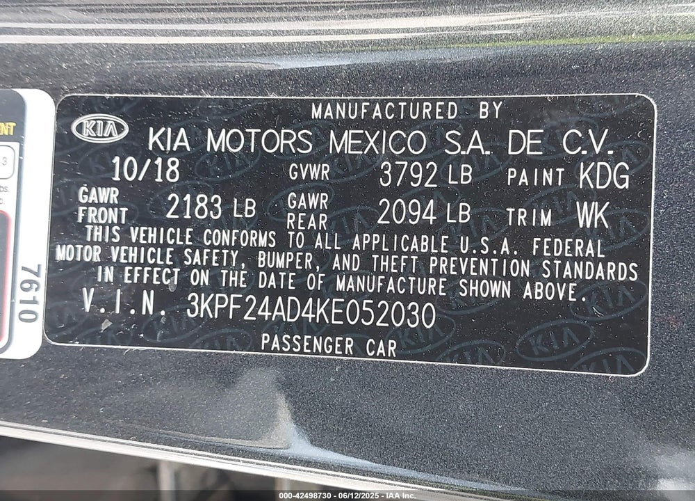 2019 KIA FORTE LXS VIN: 3KPF24AD4KE052030
