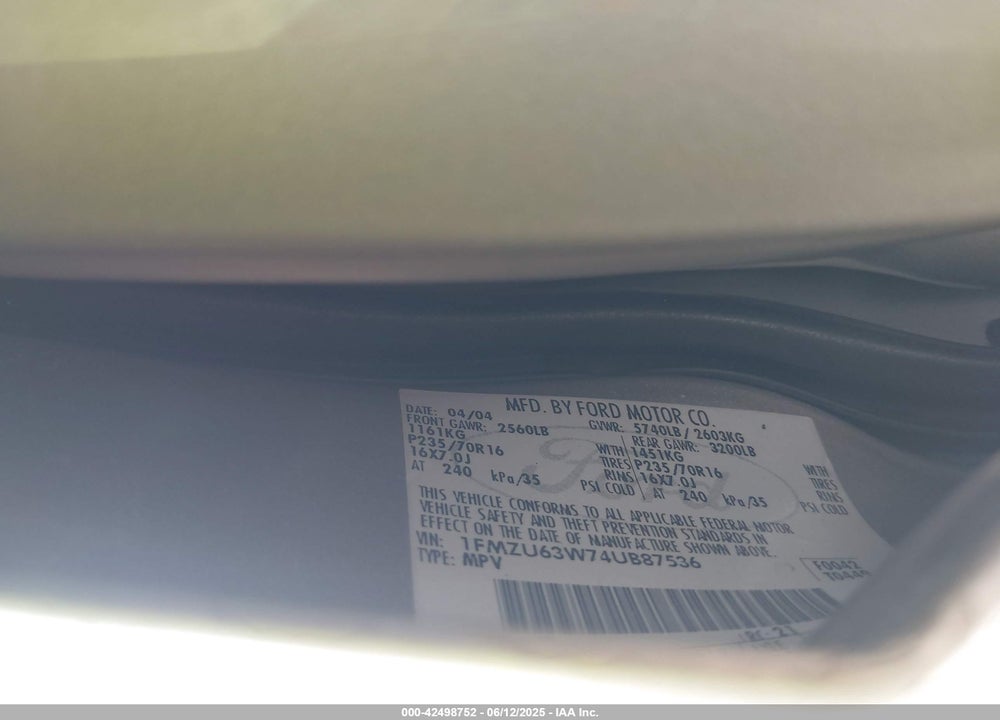 2004 FORD EXPLORER VIN: 1FMZU63W74UB87536