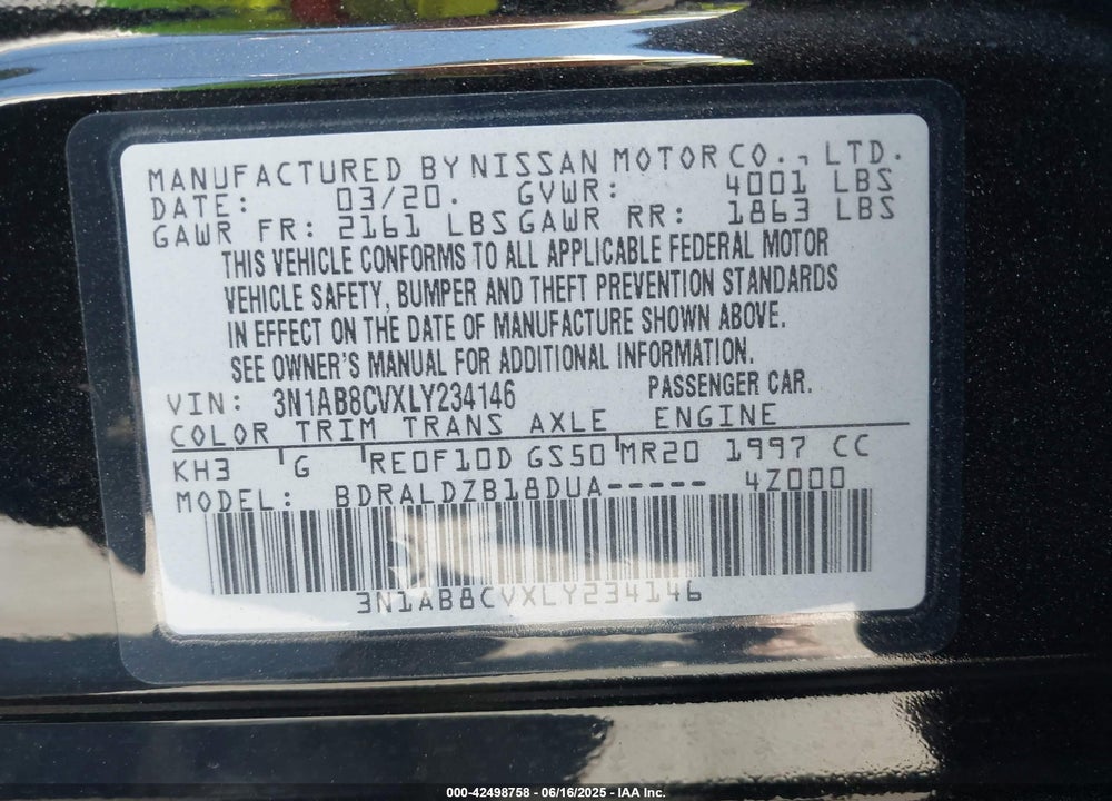 2020 NISSAN SENTRA SV XTRONIC CVT VIN: 3N1AB8CVXLY234146
