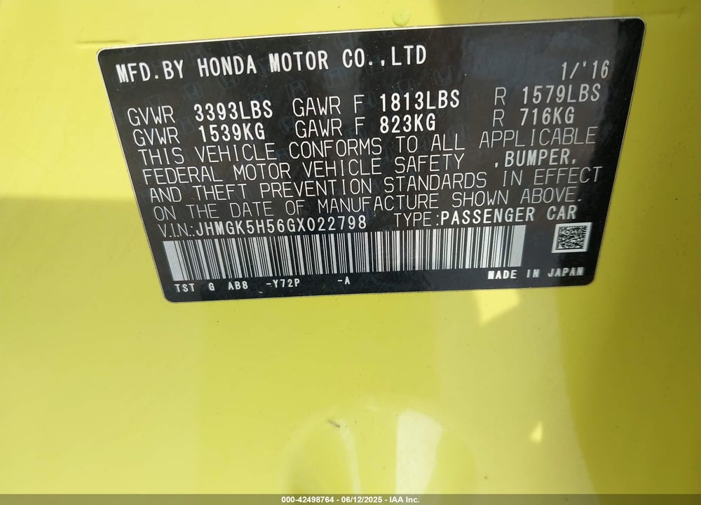 2016 HONDA FIT VIN: JHMGK5H56GX022798