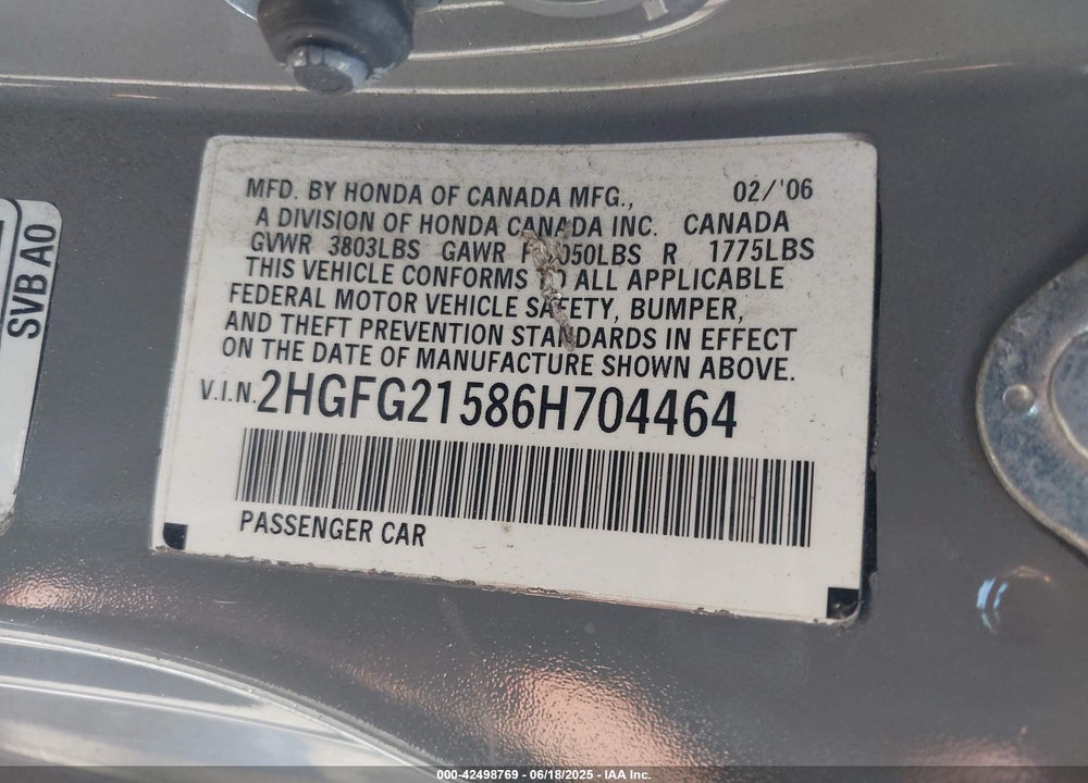 2006 HONDA CIVIC SI VIN: 2HGFG21586H704464