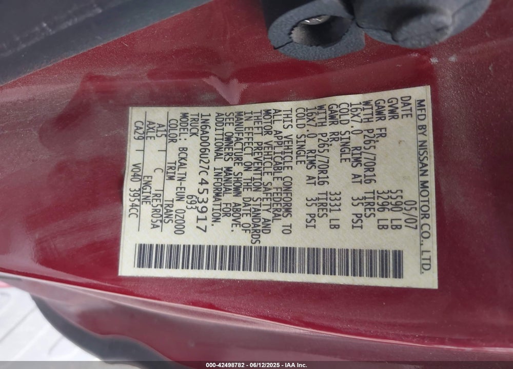 2007 NISSAN FRONTIER SE VIN: 1N6AD06U27C453917