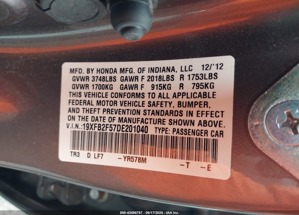 2013 HONDA CIVIC VIN: 19XFB2F57DE201040