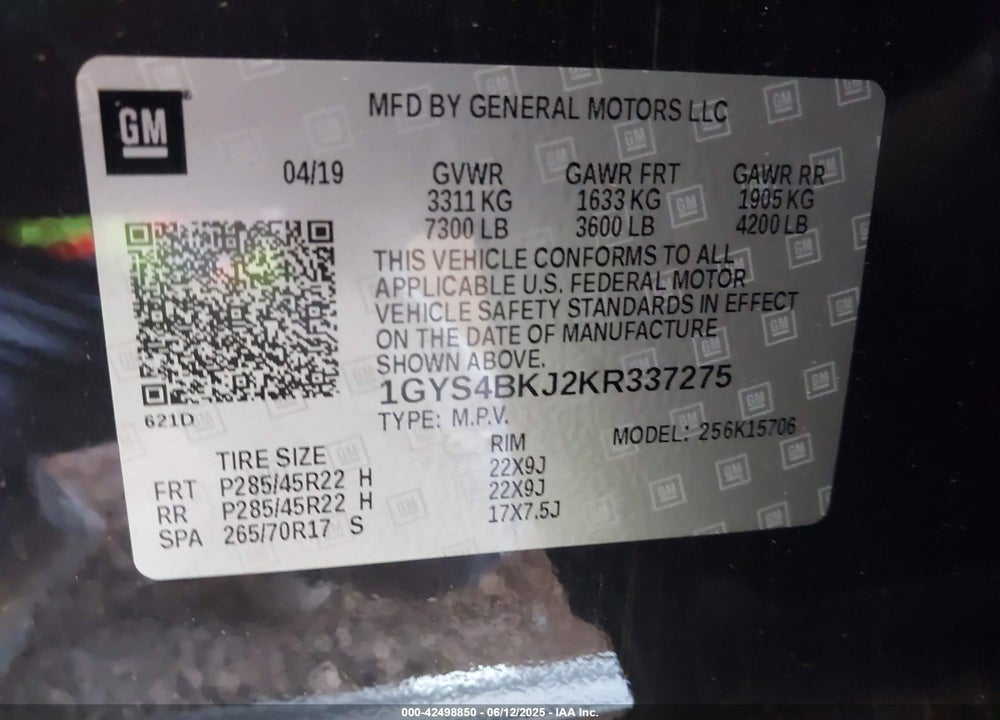 2019 CADILLAC ESCALADE VIN: 1GYS4BKJ2KR337275