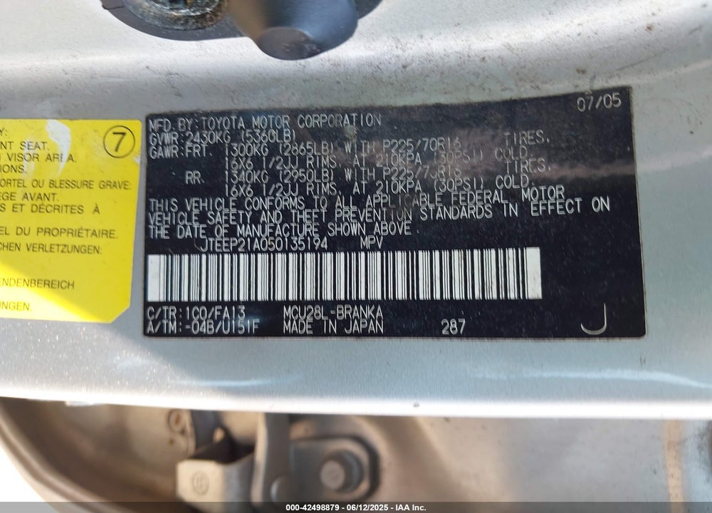 2005 TOYOTA HIGHLANDER V6 VIN: JTEEP21A050135194