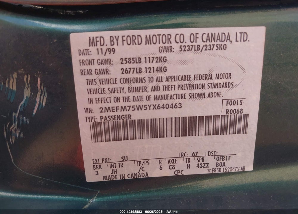 2000 MERCURY GRAND MARQUIS LS VIN: 2MEFM75W5YX640463