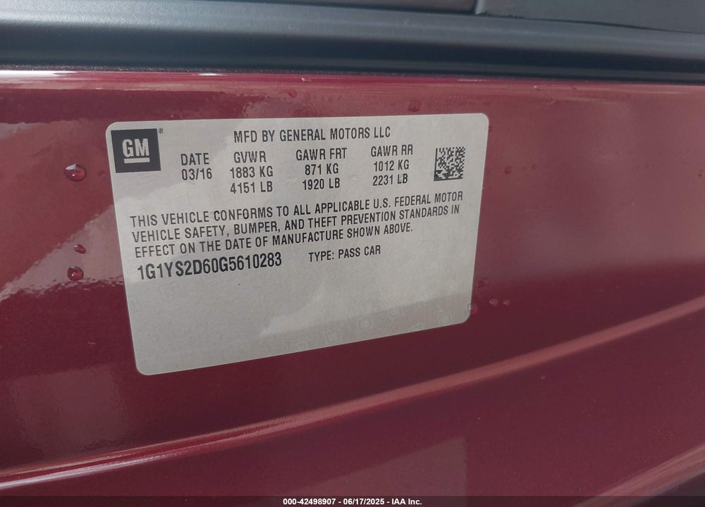 2016 CHEVROLET CORVETTE VIN: 1G1YS2D60G5610283