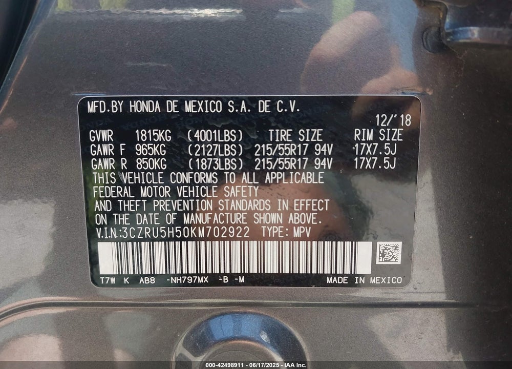 2019 HONDA HR-V VIN: 3CZRU5H50KM702922