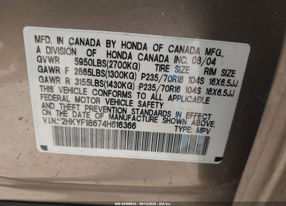 2004 HONDA PILOT EX-L VIN: 2HKYF18674H616366
