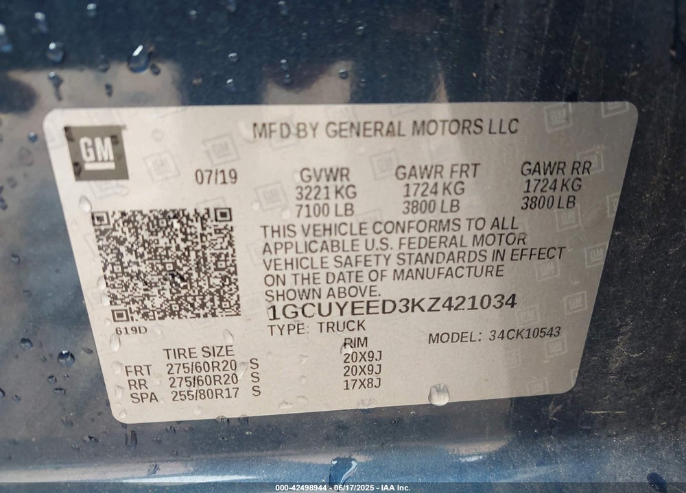 2019 CHEVROLET SILVERADO 1500 VIN: 1GCUYEED3KZ421034
