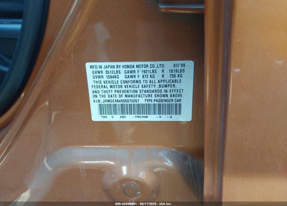 2009 HONDA FIT VIN: JHMGE88499S075267