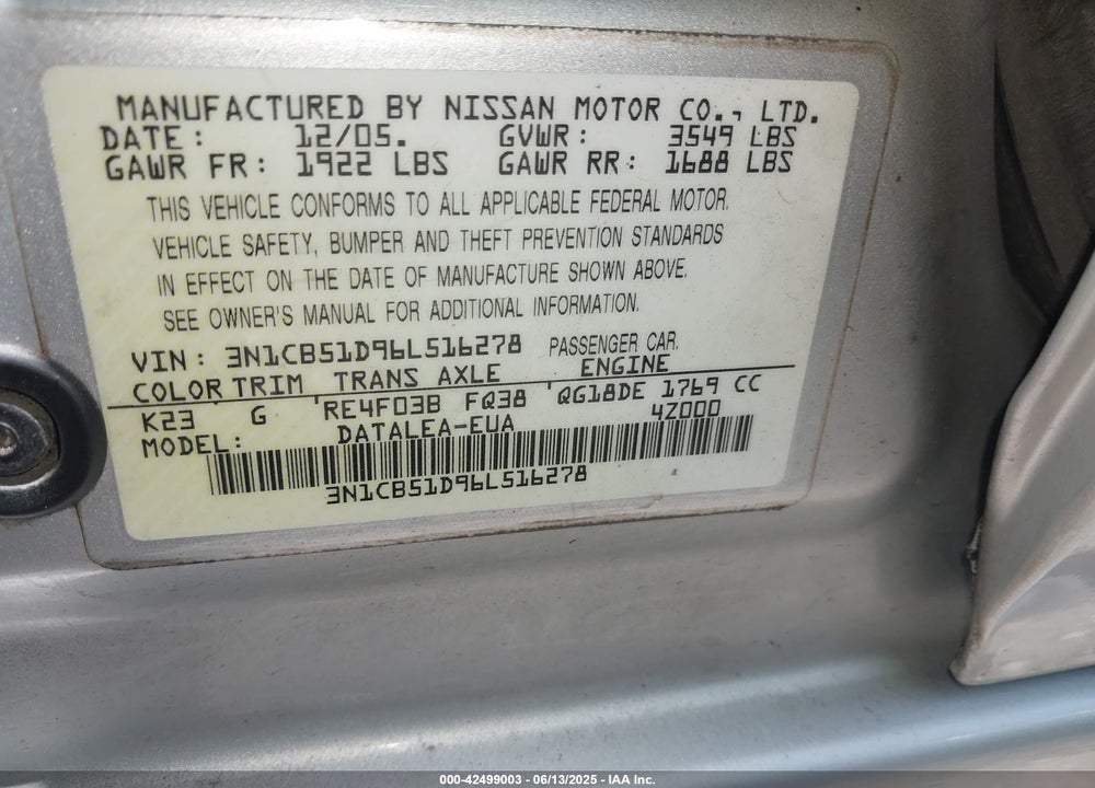 2006 NISSAN SENTRA 1.8S VIN: 3N1CB51D96L516278