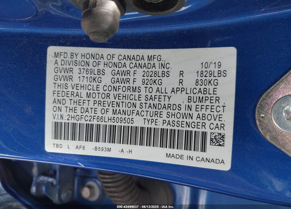 2020 HONDA CIVIC VIN: 2HGFC2F66LH509505