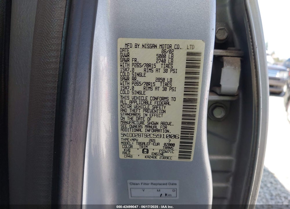 2002 NISSAN XTERRA XE VIN: 5N1DD28T92C591006