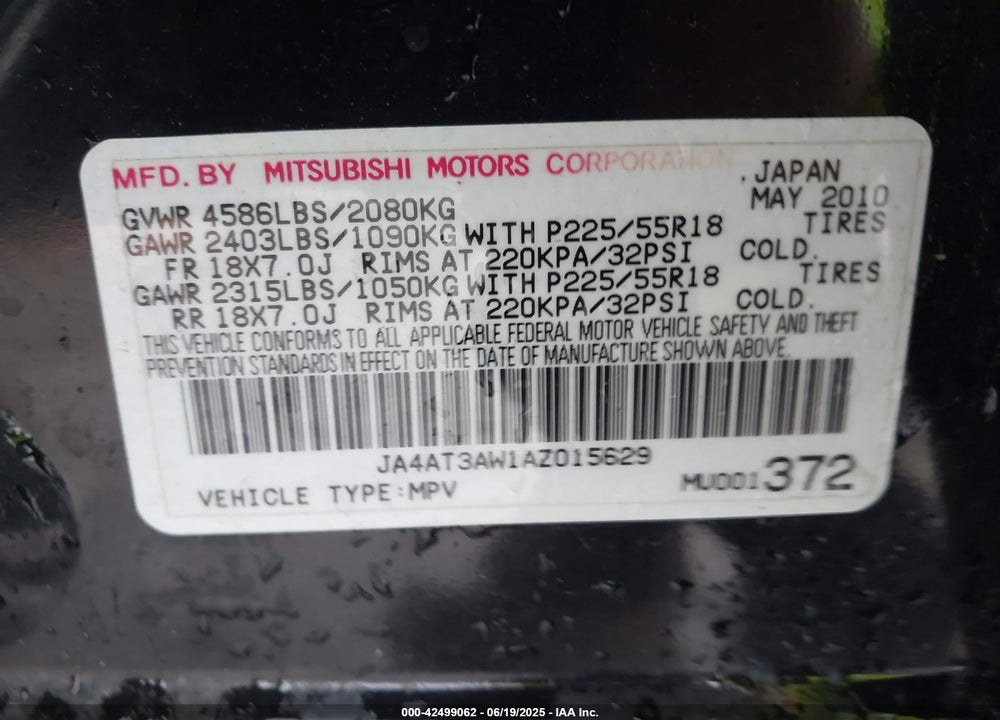 2010 MITSUBISHI OUTLANDER VIN: JA4AT3AW1AZ015629