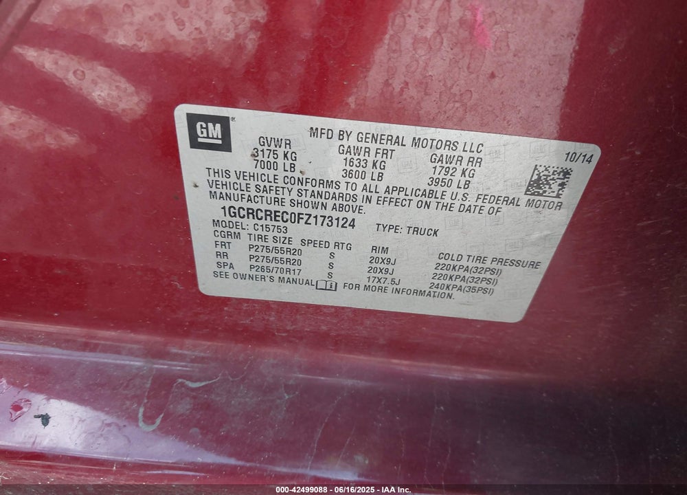2015 CHEVROLET SILVERADO VIN: 1GCRCREC0FZ173124