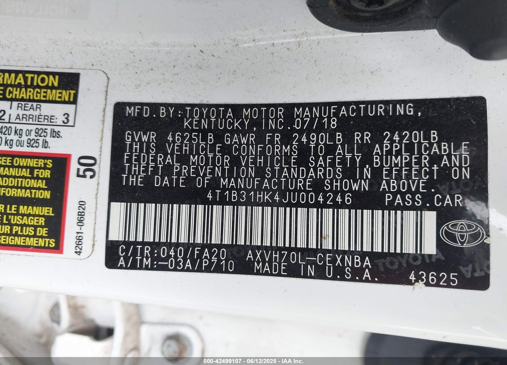 2018 TOYOTA CAMRY VIN: 4T1B31HK4JU004246