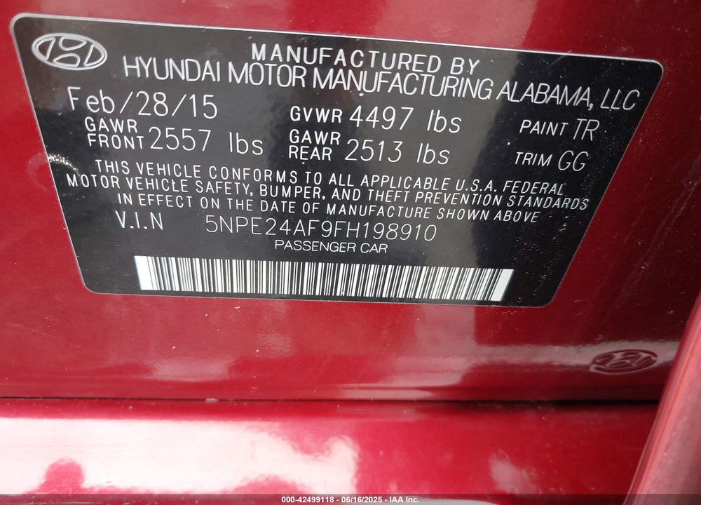 2015 HYUNDAI SONATA SE VIN: 5NPE24AF9FH198910