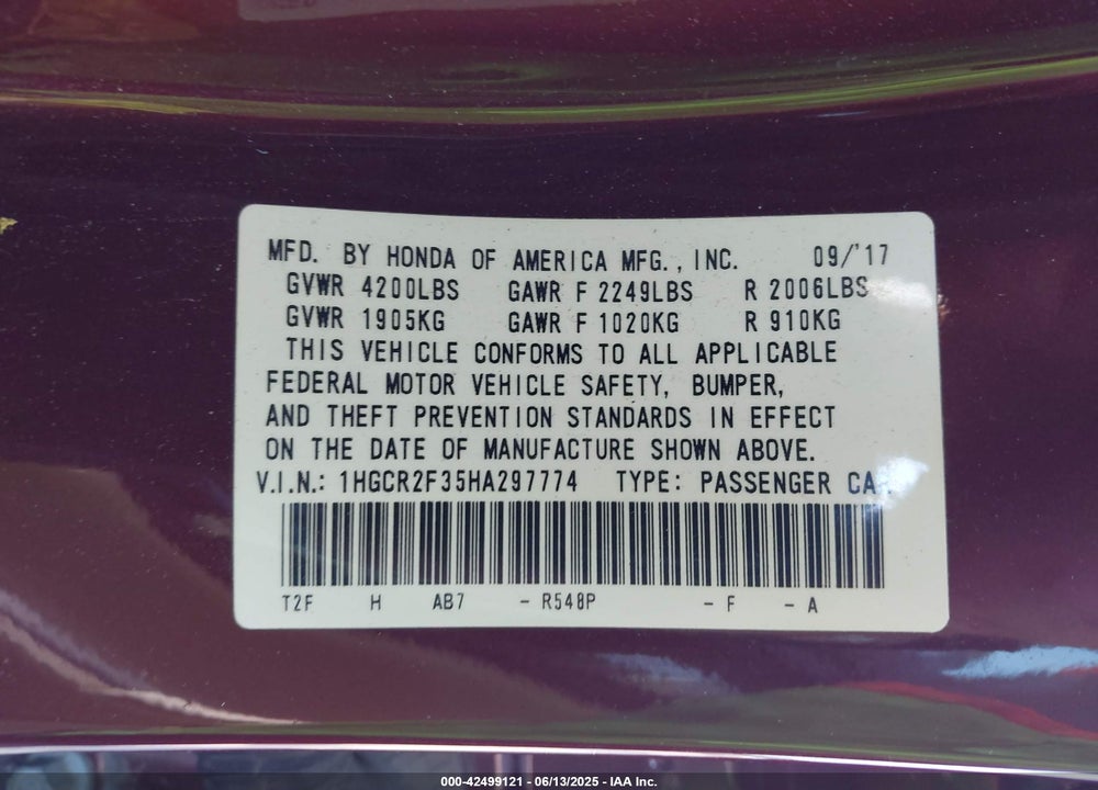2017 HONDA ACCORD VIN: 1HGCR2F35HA297774