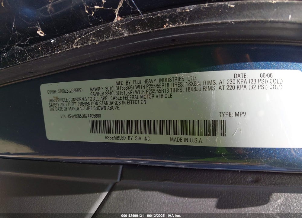 2007 SUBARU B9 TRIBECA BASE 7-PASSENGER VIN: 4S4WX85D874405800