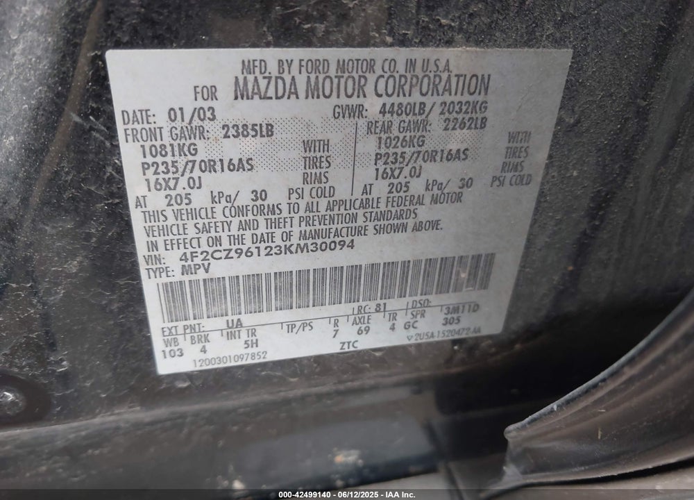 2003 MAZDA TRIBUTE VIN: 4F2CZ96123KM30094