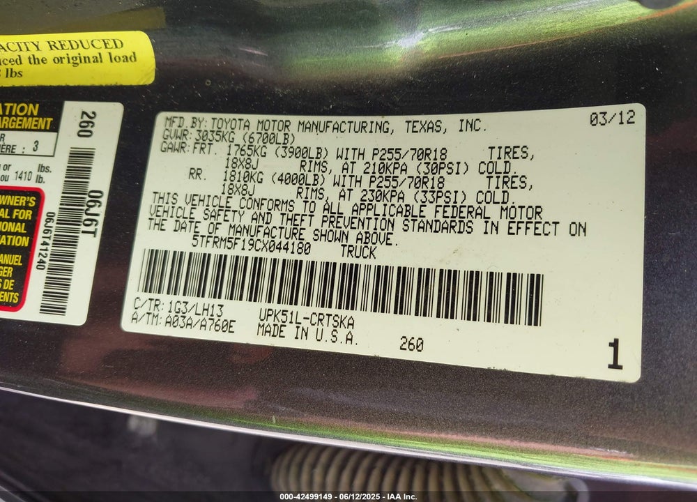 2012 TOYOTA TUNDRA VIN: 5TFRM5F19CX044180