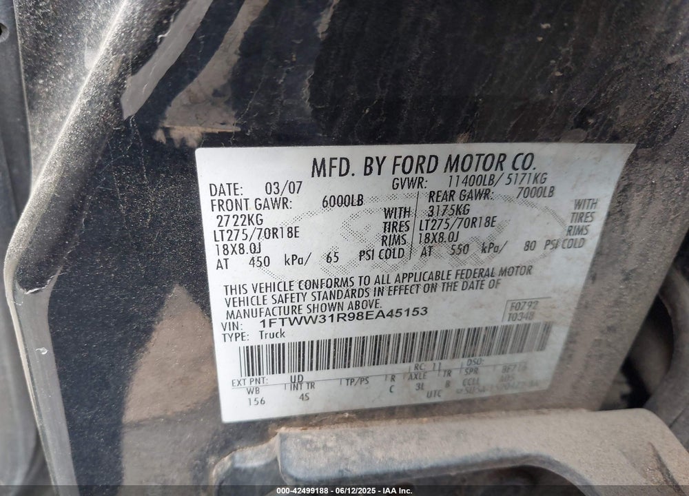 2008 HARLEY-DAVIDSON FORD F-350 FX4//KING RANCH/LARIAT/XL/XLT VIN: 1FTWW31R98EA45153