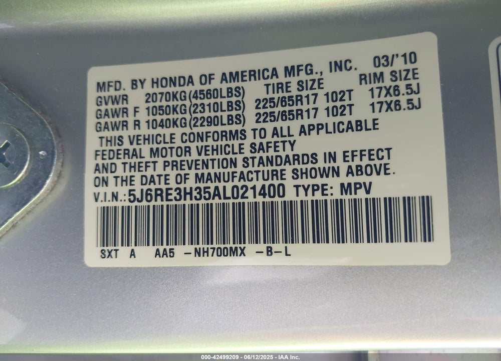 2010 HONDA CR-V VIN: 5J6RE3H35AL021400