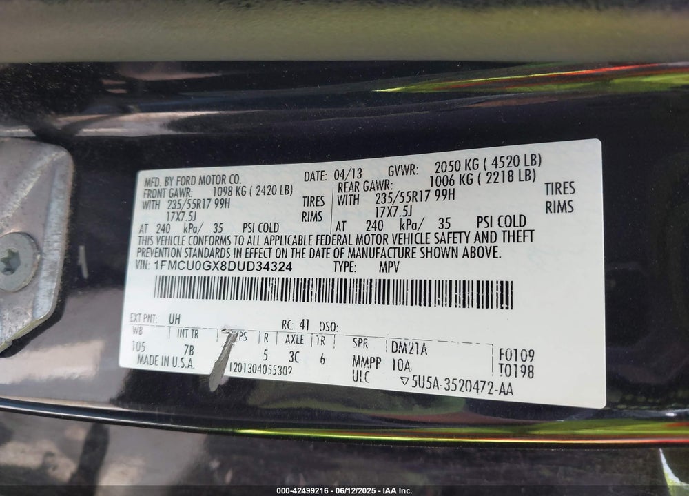 2013 FORD ESCAPE VIN: 1FMCU0GX8DUD34324