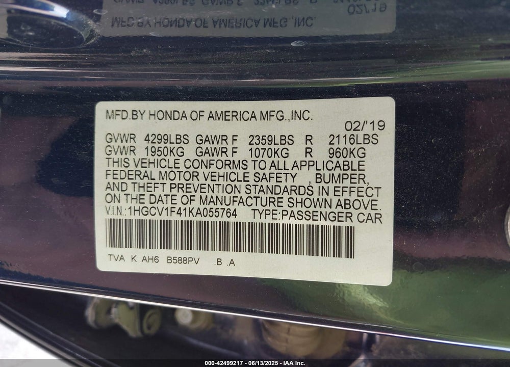 2019 HONDA ACCORD VIN: 1HGCV1F41KA055764