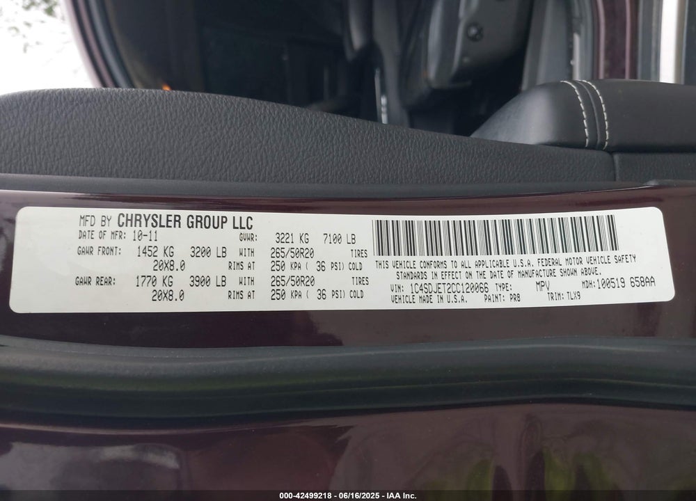 2012 DODGE DURANGO VIN: 1C4SDJET2CC120066