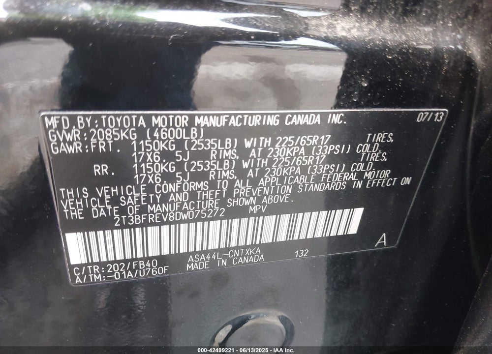 2013 TOYOTA RAV4 VIN: 2T3BFREV8DW075272