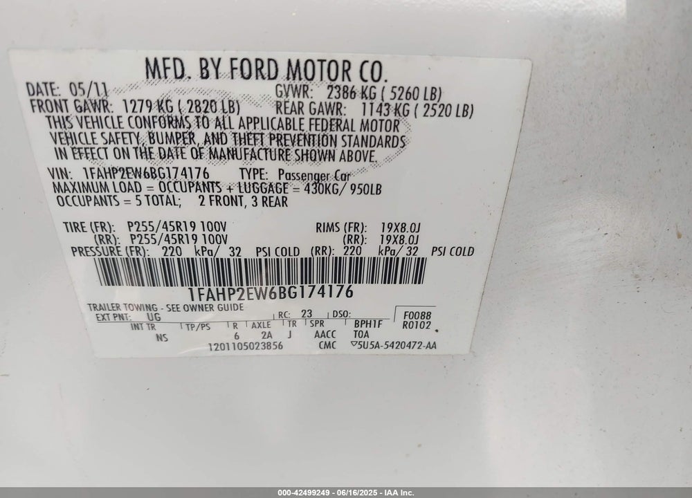 2011 FORD TAURUS VIN: 1FAHP2EW6BG174176