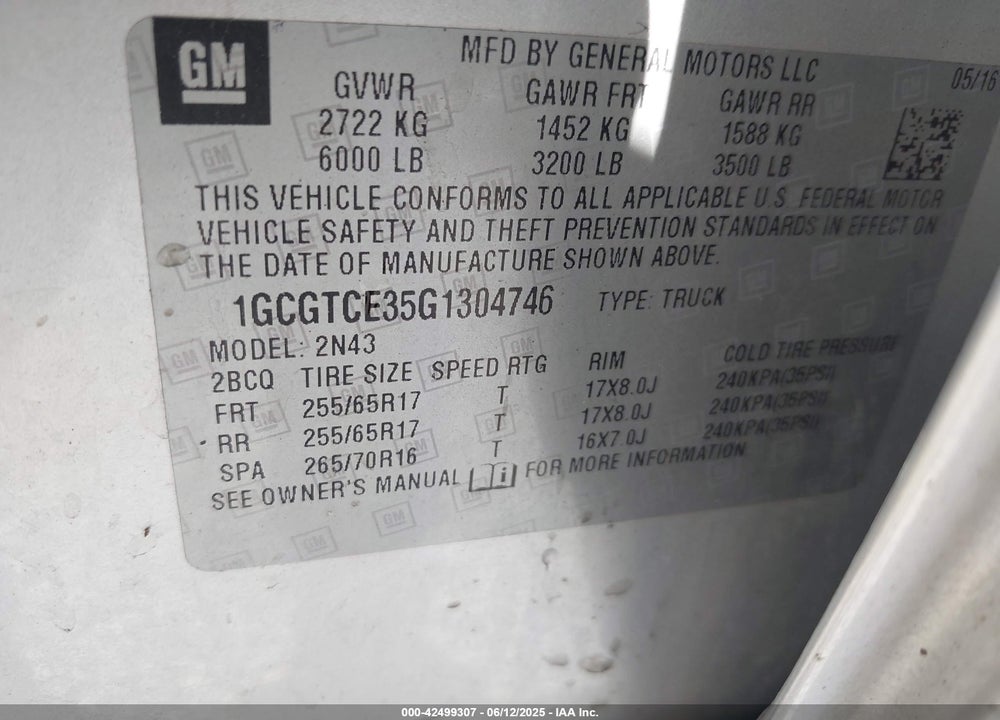 2016 CHEVROLET COLORADO LT VIN: 1GCGTCE35G1304746