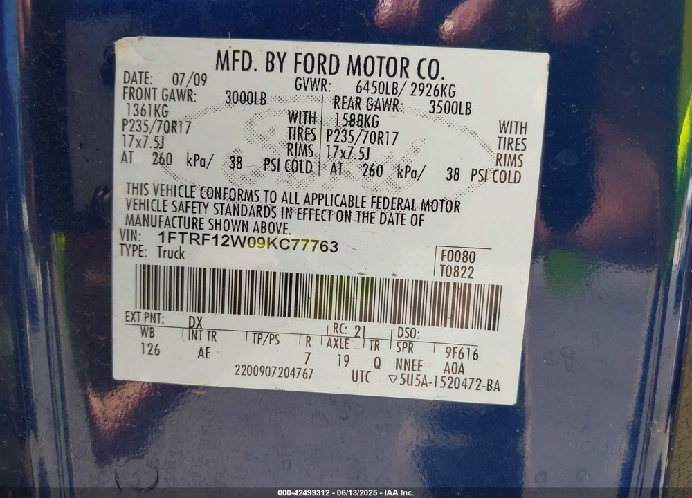 2009 FORD F-150 STX/XL/XLT VIN: 1FTRF12W09KC77763