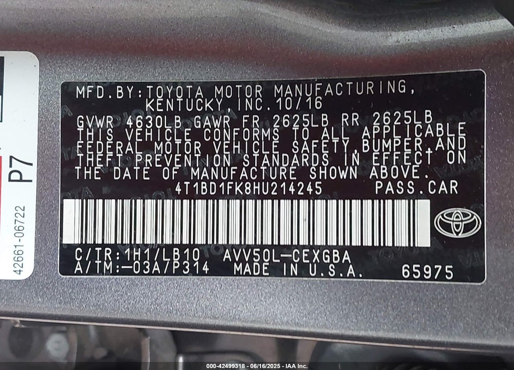 2017 TOYOTA CAMRY HYBRID VIN: 4T1BD1FK8HU214245
