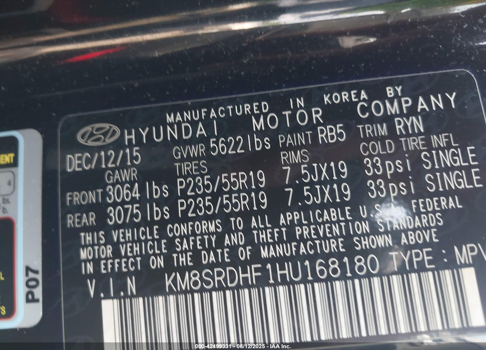 2017 HYUNDAI SANTA FE VIN: KM8SRDHF1HU168180
