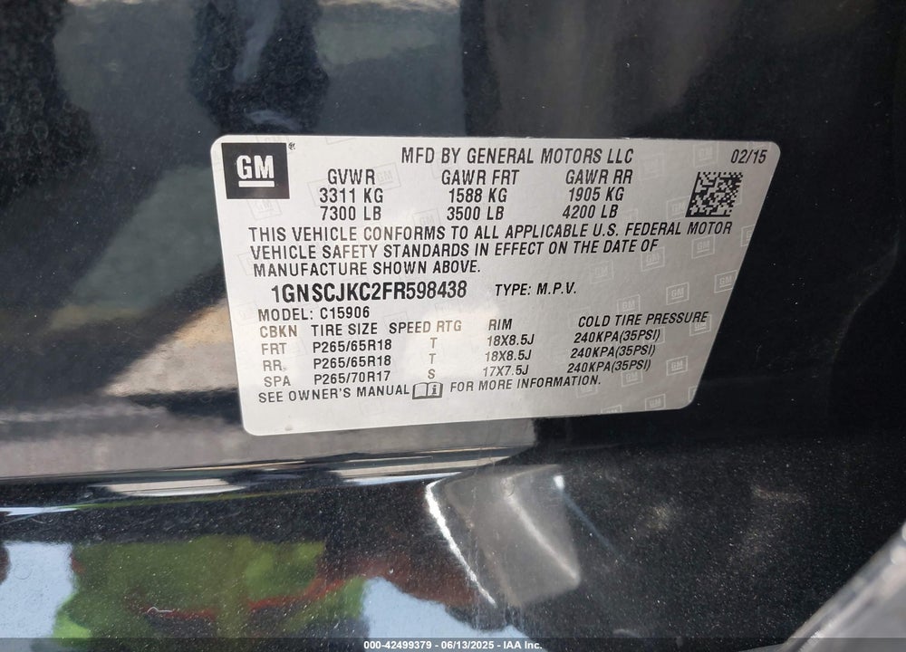 2015 CHEVROLET SUBURBAN 1500 VIN: 1GNSCJKC2FR598438