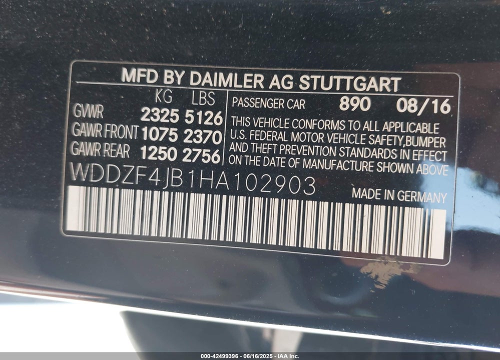 2017 MERCEDES-BENZ E-CLASS VIN: WDDZF4JB1HA102903