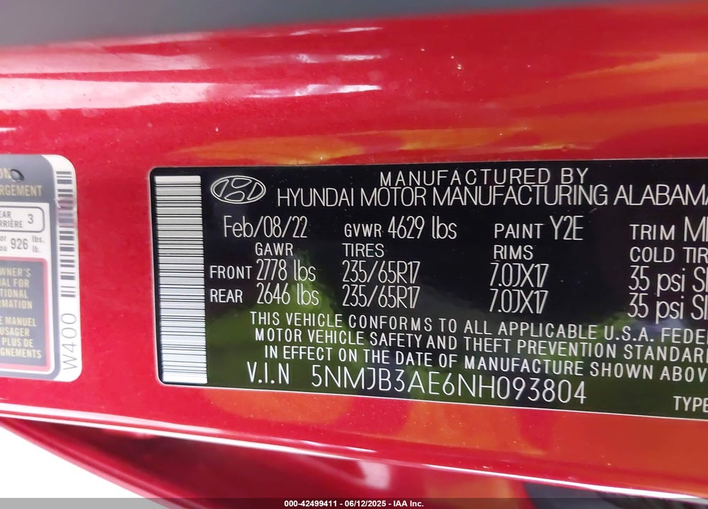 2022 HYUNDAI TUCSON VIN: 5NMJB3AE6NH093804