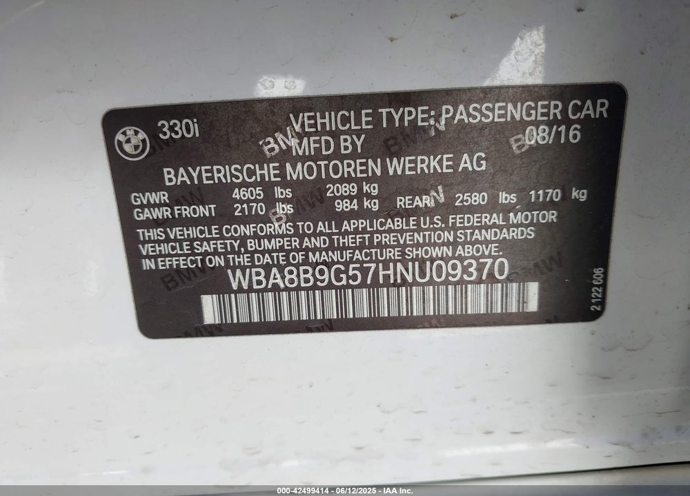 2017 BMW 3 SERIES VIN: WBA8B9G57HNU09370