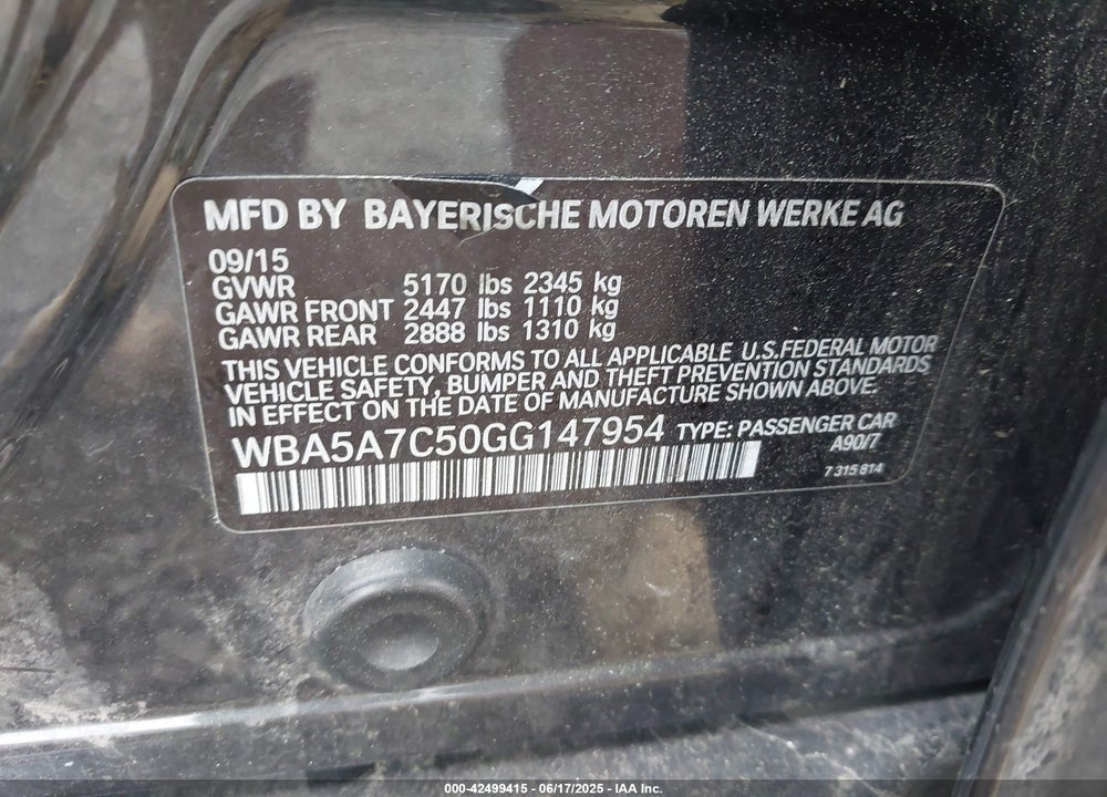 2016 BMW 5 SERIES VIN: WBA5A7C50GG147954