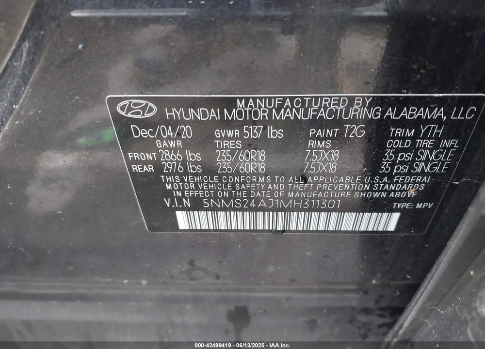 2021 HYUNDAI SANTA FE VIN: 5NMS24AJ1MH311301
