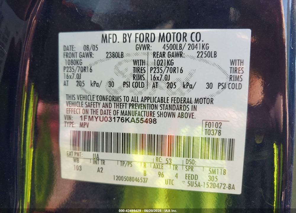 2006 FORD ESCAPE XLT VIN: 1FMYU03176KA55498