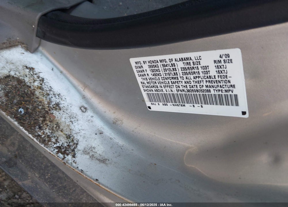 2009 HONDA ODYSSEY LX VIN: 5FNRL38269B052088