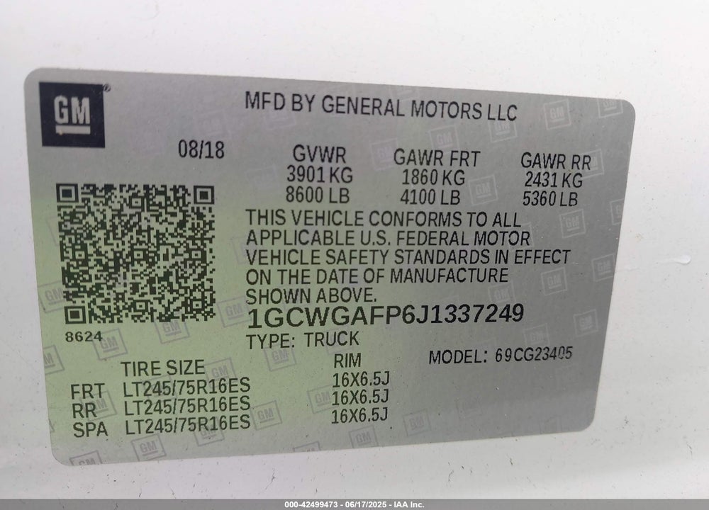 2018 CHEVROLET EXPRESS 2500 WORK VAN VIN: 1GCWGAFP6J1337249