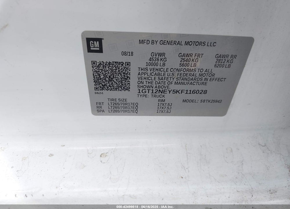 2019 GMC SIERRA 2500HD VIN: 1GT12NEY5KF116028