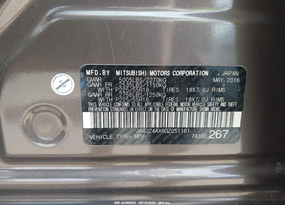 2016 MITSUBISHI OUTLANDER VIN: JA4JZ4AX6GZ051161